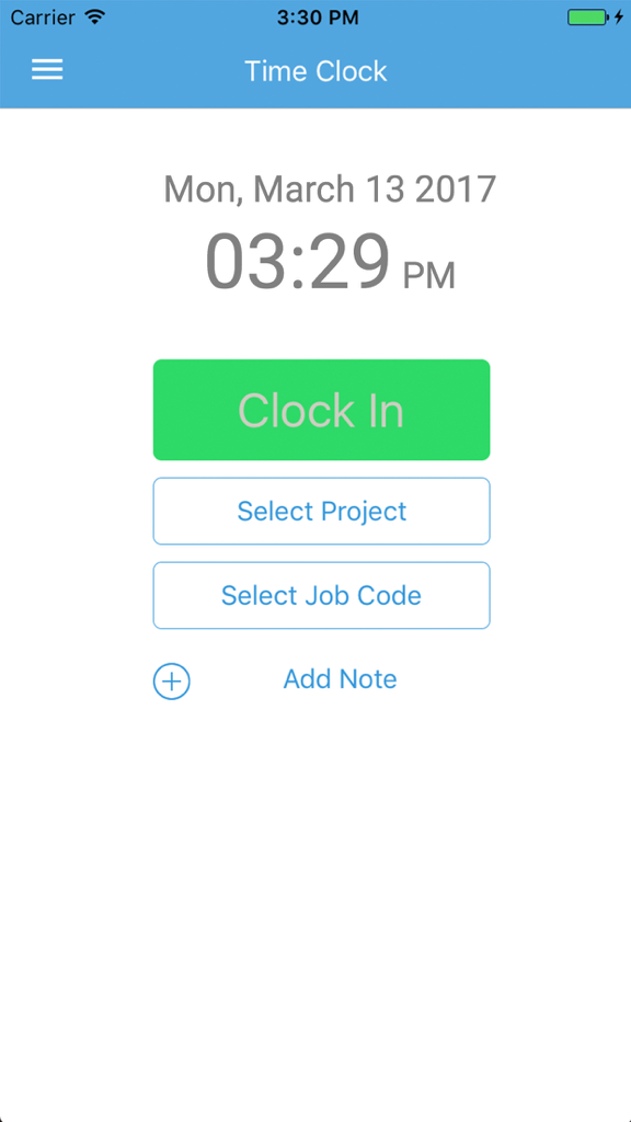 Easy Clocking - The Easy Clocking app interface showing a large green Clock In button with options to select projects and job codes.