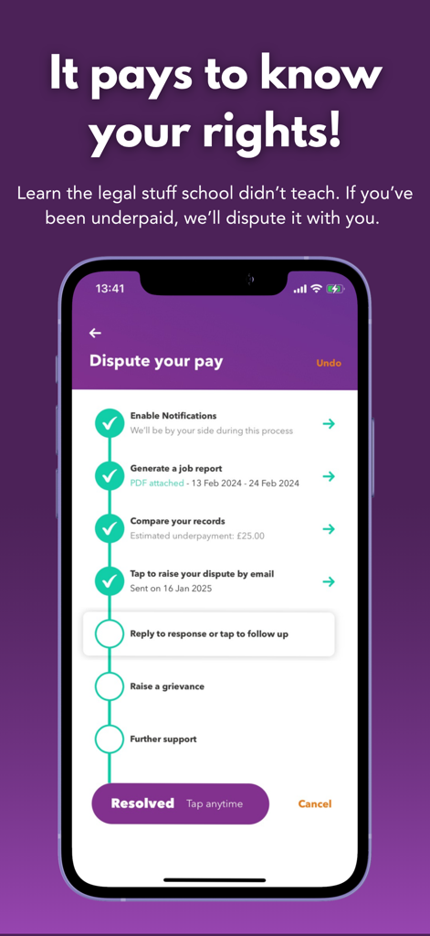 wac - shift & earnings tracker - A smartphone screen from the wac app showing a step-by-step checklist for users to dispute underpaid wages and know their rights.