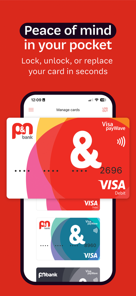 Interface do aplicativo móvel PN Bank para bloqueio e substituição de cartões de débito