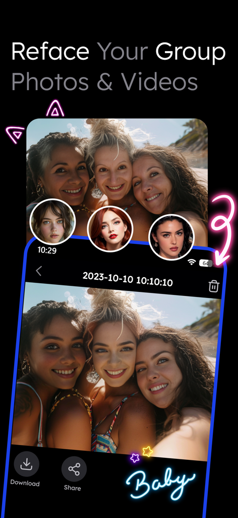 Vidqu app interface demonstrating the multiple face swap feature on a group beach photo