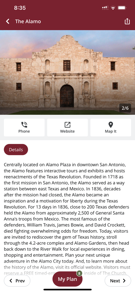 Visit San Antonio TX - Visit San Antonio モバイルアプリのアラモの施設詳細ページ。歴史情報と旅行計画ボタンが表示されています。
