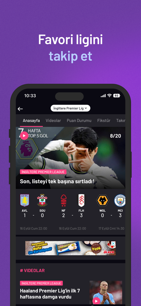 beIN SPORTS TR - 잉글랜드 프리미어리그의 축구 하이라이트와 경기 점수를 보여주는 beIN SPORTS TR 앱의 인터페이스