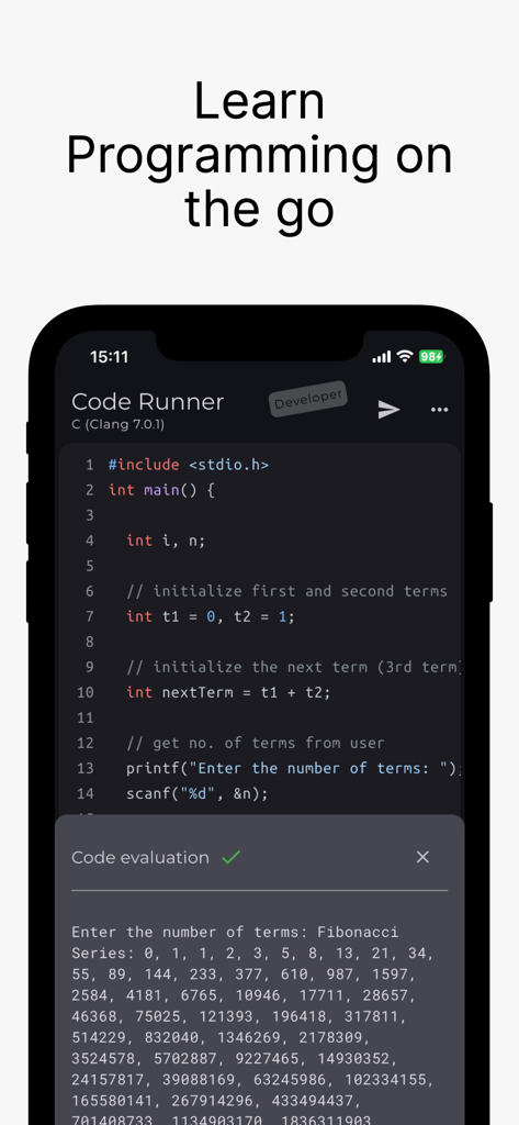 Code Runner App Compiler & IDE - Code Runner mobile app interface showing C code editor and program output