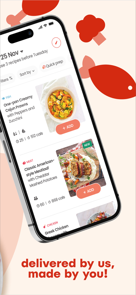Hello Chef: Meal Kit & Recipes - Hello Chef mobile app displaying a menu of meal kit recipes with calorie and cooking time information