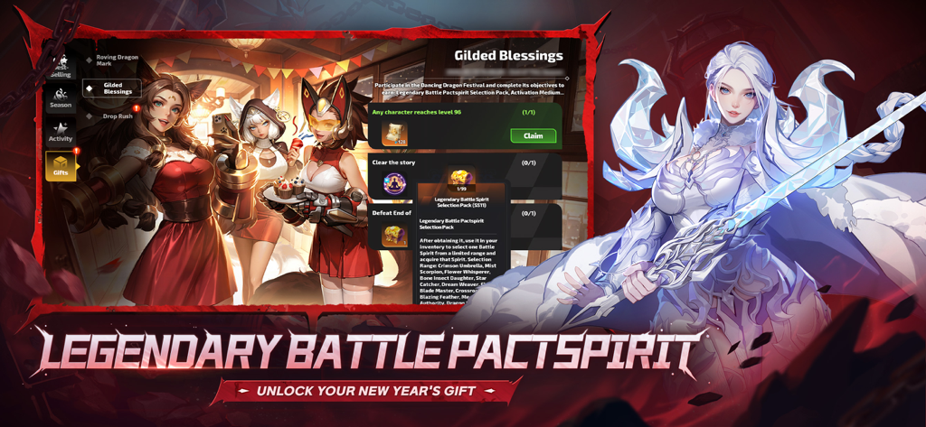 Torchlight Infinite Gilded Blessings event screen showing Legendary Battle Pactspirit rewards and stylized character art.