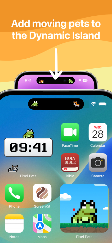 Pixel Pets - Cute, Widget, App - Pixel art animals shown on an iPhone Dynamic Island and home screen widgets.
