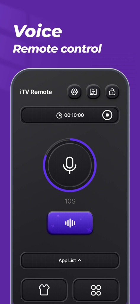 iTV Remote: Universal Control - Interfaz de control por voz de la aplicación iTV Remote con un gran botón central de micrófono para el control de Smart TV
