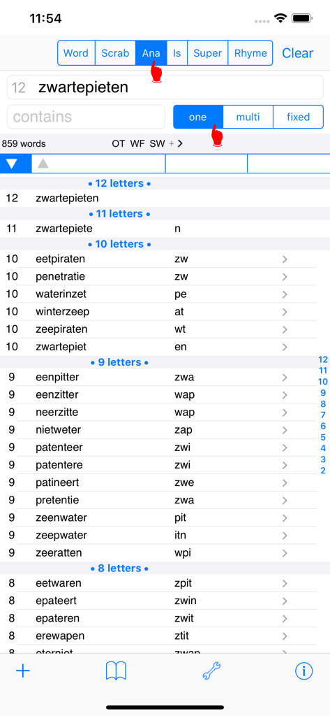 Screenshot der NL Woordvinder Nederlands PRO-App, die Ergebnisse für eine Anagrammsuche des Wortes 'zwartepieten' nach Buchstabenlänge kategorisiert.