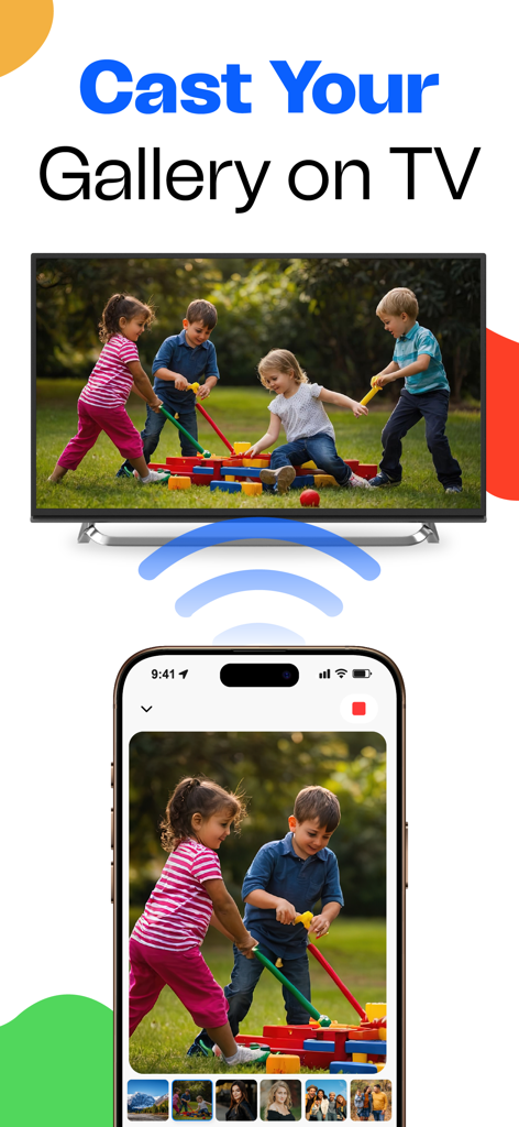 Cast for Chromecast - TV Cast - An iPhone screen displaying a photo of children playing, wirelessly casting the same image onto a large flat-screen television.