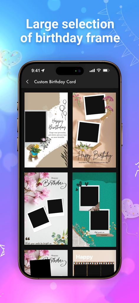 Birthday Video - A variety of customizable birthday card frames and photo templates within the Birthday Video Maker app.