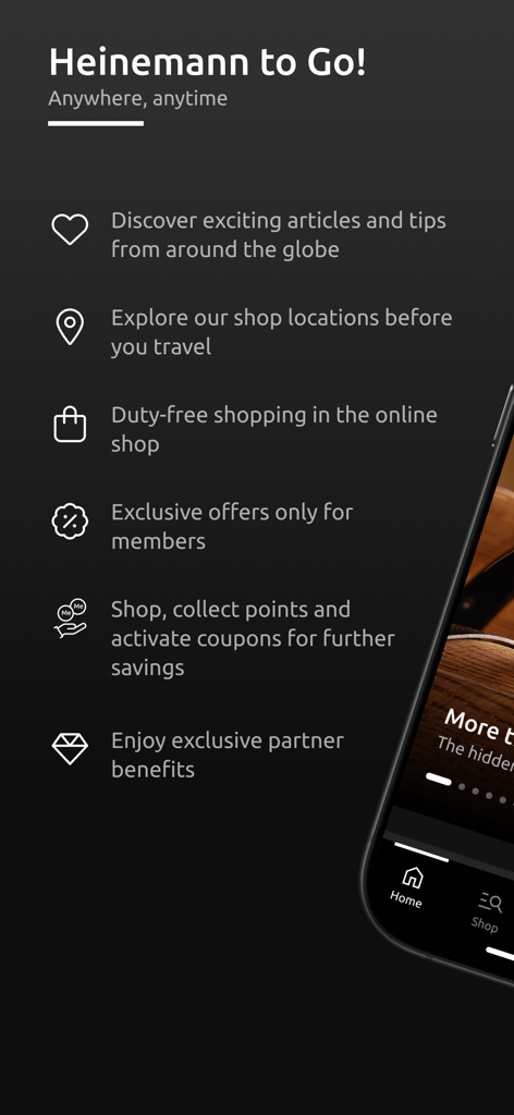 Overview of Heinemann app features including duty-free shopping, member offers, and loyalty rewards.