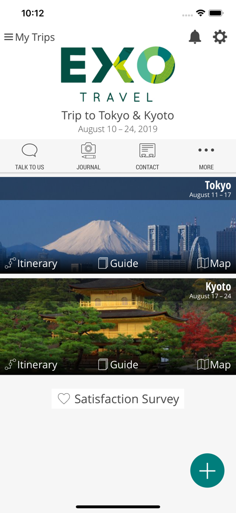 Self Guide - Interface of the EXO Travel app displaying a customized itinerary for a trip to Tokyo and Kyoto.