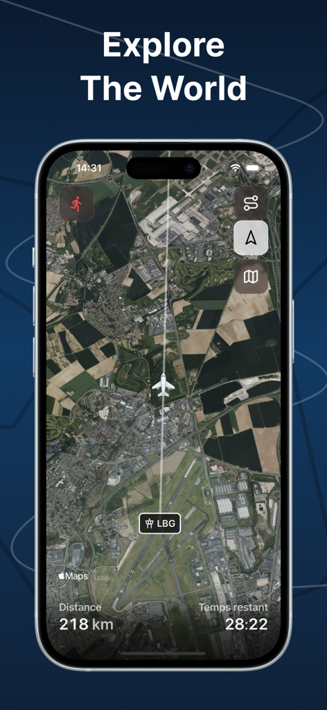 Una pantalla de smartphone mostrando la aplicación FlightMode con un mapa satelital rastreando un vuelo virtual durante una sesión de estudio.