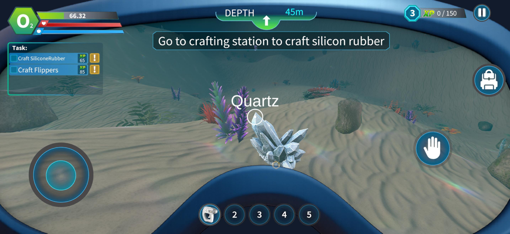 Deep Sea Creatures: Ocean Game - Gameplay in prima persona di Deep Sea Creatures che mostra attività di crafting e un cristallo di quarzo sul fondale marino