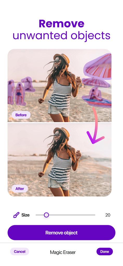 AI Background Editor - Ereasy - Interface of Ereasy app showing before and after of removing unwanted people and beach umbrellas from a photo.