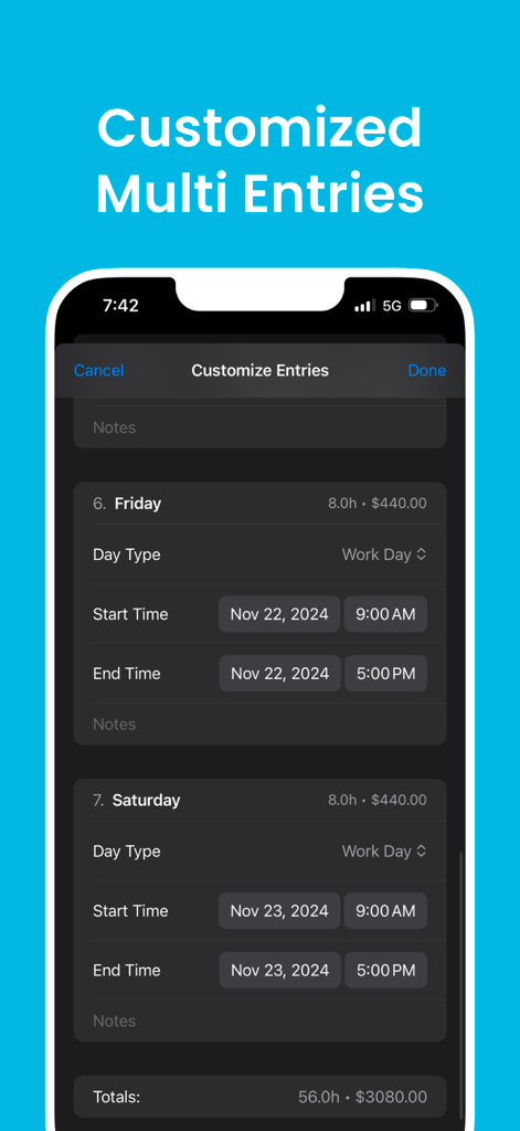 Hours Clocker: AI Punch Time - Hours Clocker app interface showing customized work shift entries with dates, start times, and total earnings calculated in dark mode.