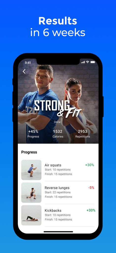 FizzUp - Workouts & Nutrition - FizzUp fitness app interface showing personal workout progress and statistics over six weeks