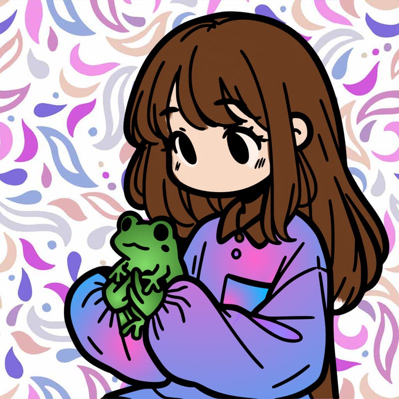 girl with long hair and a oversized shirt. and she is holding a frog