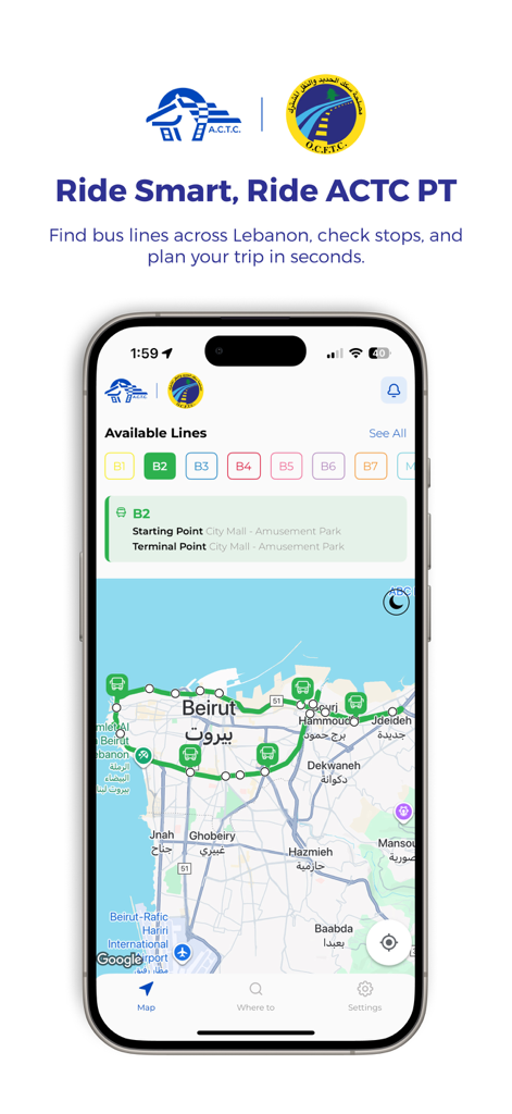 ACTC PT mobile app interface showing available bus lines and a transit map of Beirut Lebanon