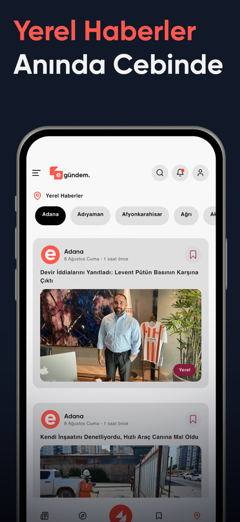 eGundem mobile app interface displaying local Turkish news from Adana
