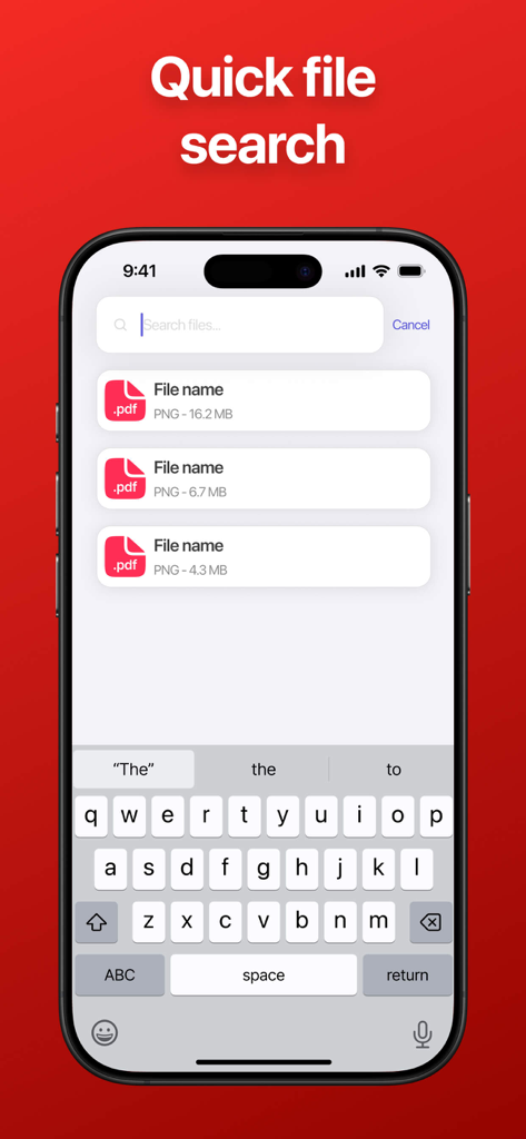 PDFコンバーターアプリのクイックファイル検索インターフェース。ドキュメントのリストとiPhone画面上のモバイルキーボードが表示されています。