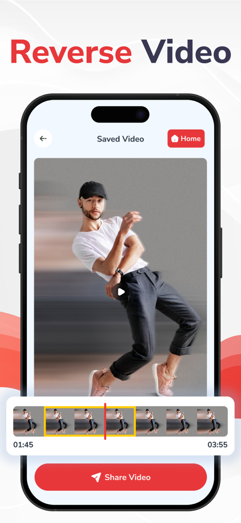iPhone 화면에서 동영상 타임라인과 공유 버튼을 보여주는 리버스 동영상 편집 도구의 스크린샷