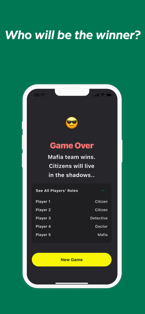 Mafia Without Moderator - Mafia Without Moderator game over screen displaying the winning team and player roles.