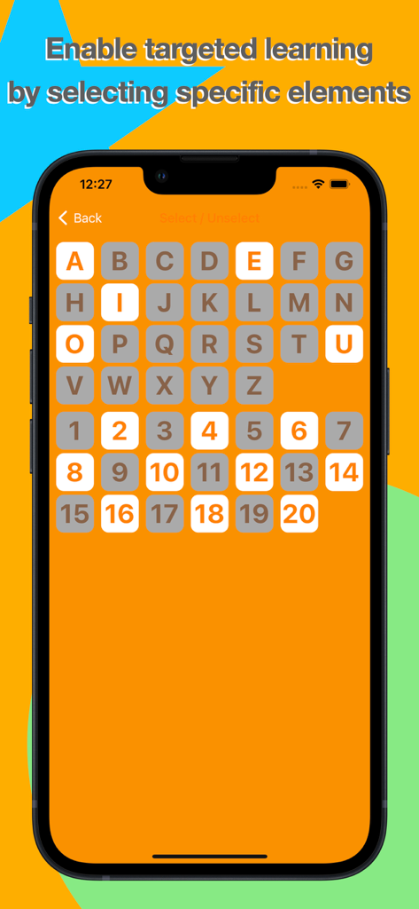 A mobile screen showing the targeted learning feature where users can select specific letters and numbers to practice
