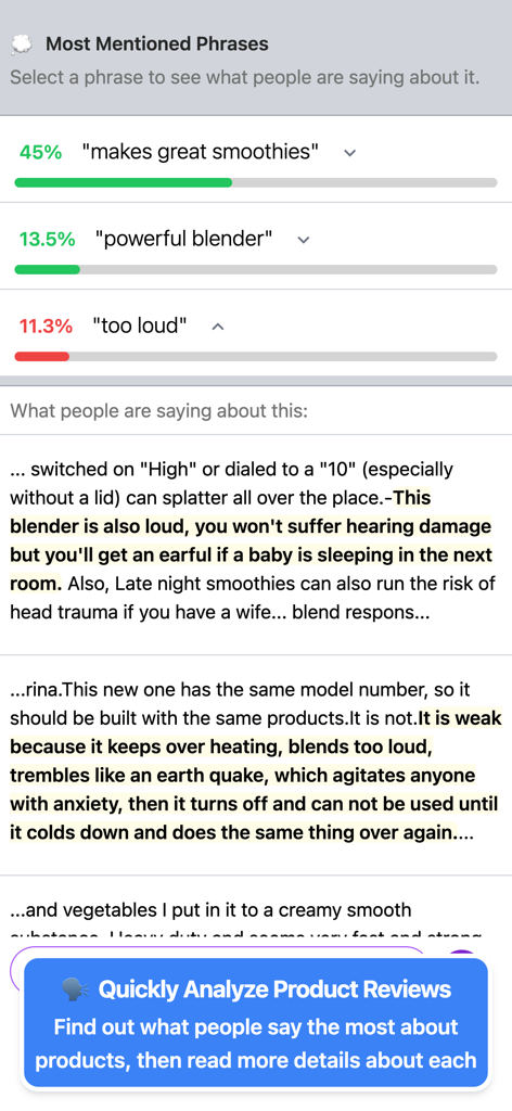 ShopSavvy app interface showing summarized consumer reviews and frequently mentioned product phrases