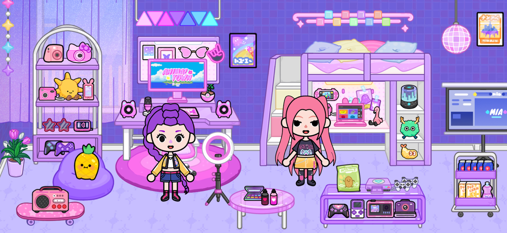 Mia World - Two chibi characters in a purple gaming bedroom with a bunk bed and computer