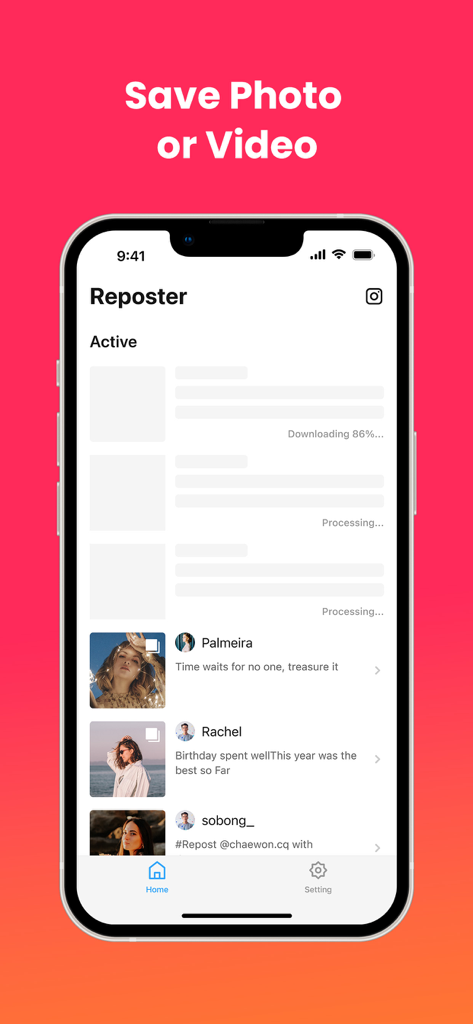 Interface of the Reposter app for Instagram showing a list of downloaded photos and videos