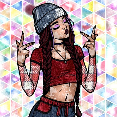 realistic teenage girl with braids and a beanie and crop top doing 🫶🏼