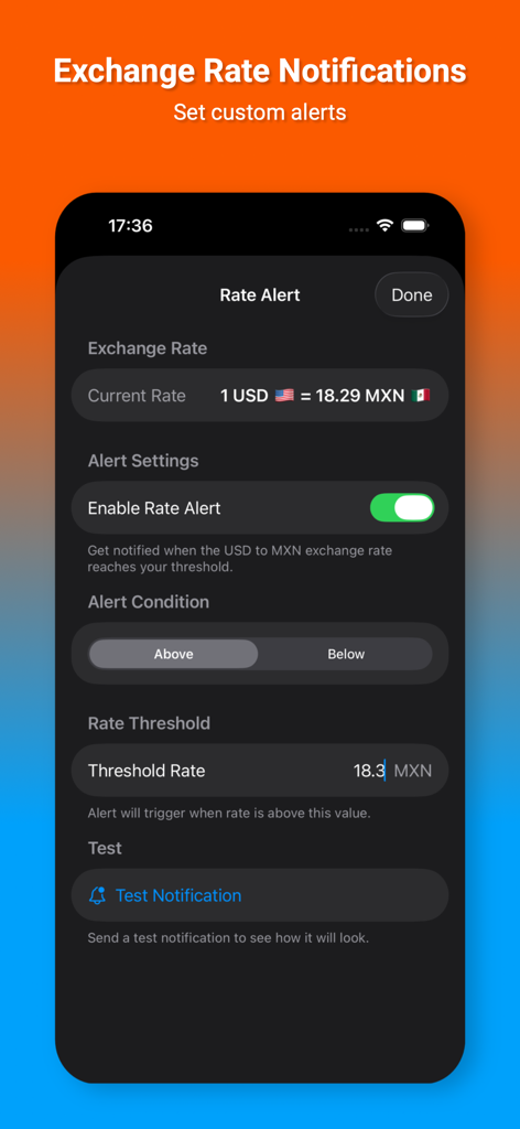 Convert Pesos to Dollars - Exchange rate notification screen showing custom alert settings for USD to MXN currency conversion