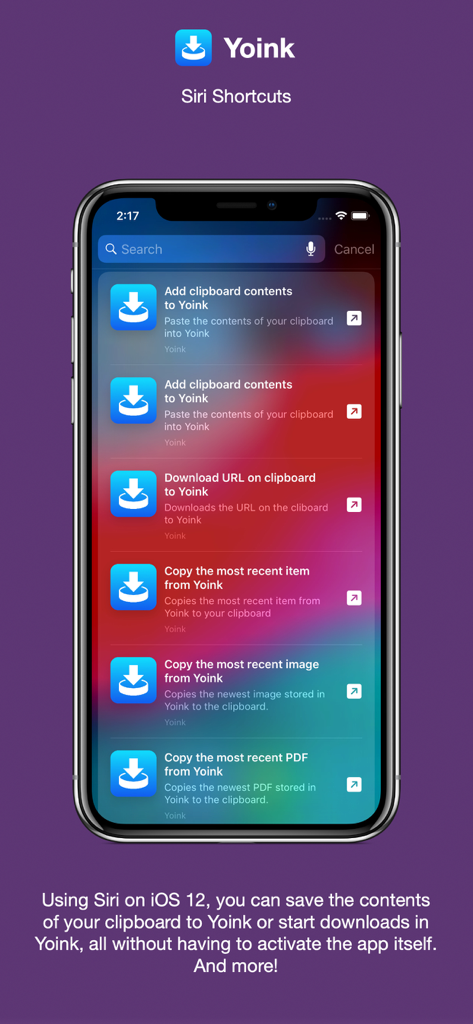 iPhone screen showing Yoink app integration with Siri Shortcuts for automated productivity workflows