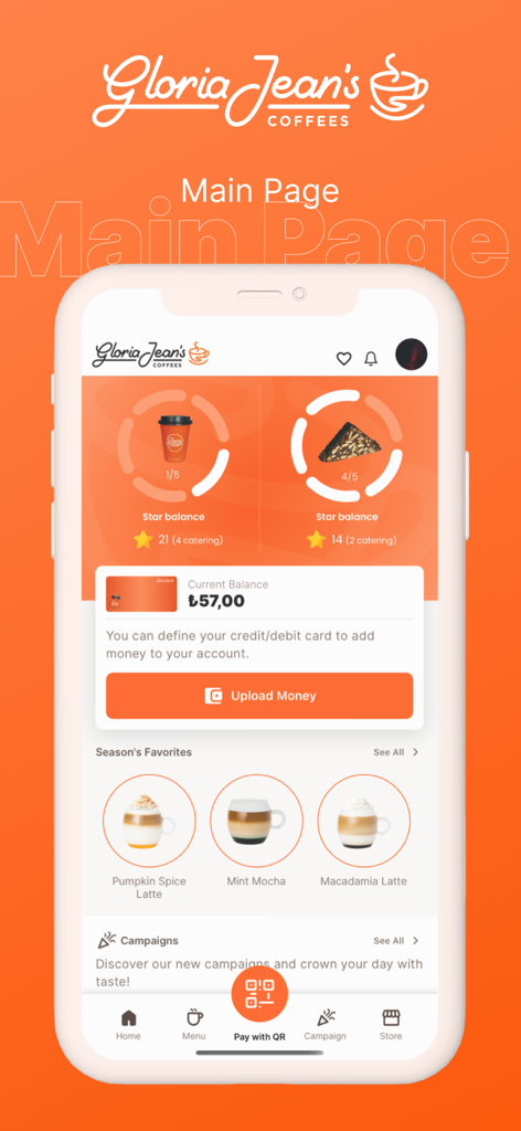 Gloria Jean's Coffees Türkiye - Home screen of the Gloria Jeans Coffees mobile app showing loyalty points wallet and seasonal drink menu