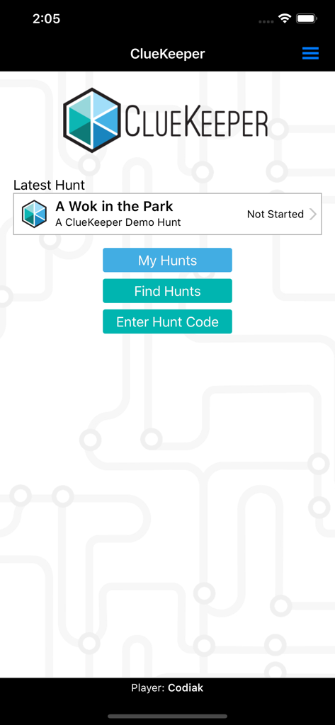 ClueKeeper - Main interface of the ClueKeeper app displaying scavenger hunt options and a demo hunt