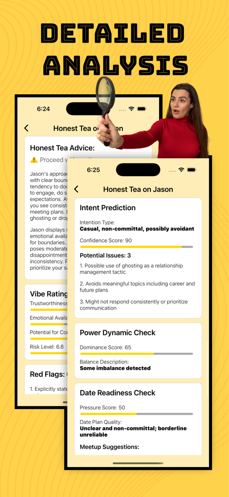A detailed AI dating analysis screen from the Honest Tea app displaying intent prediction, power dynamic checks, and date readiness scores.