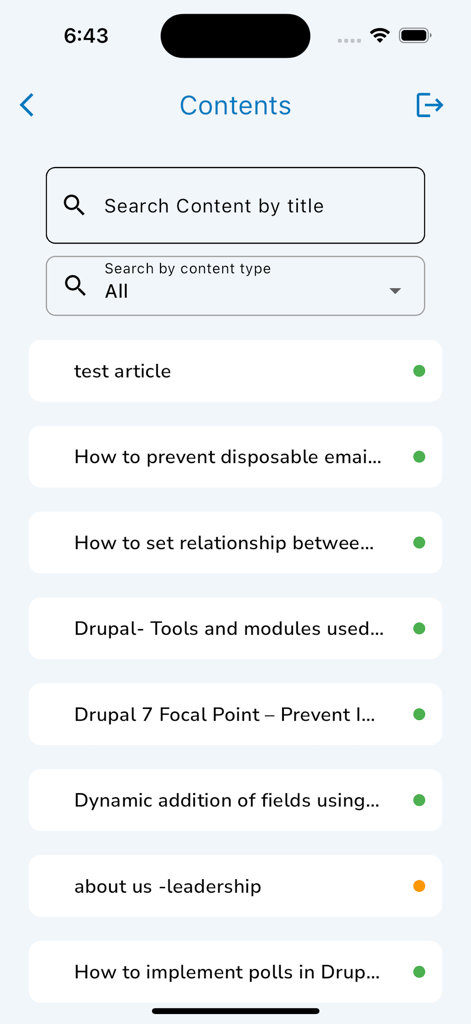 Drupal Admin - A mobile interface showing a list of Drupal website articles with search filters