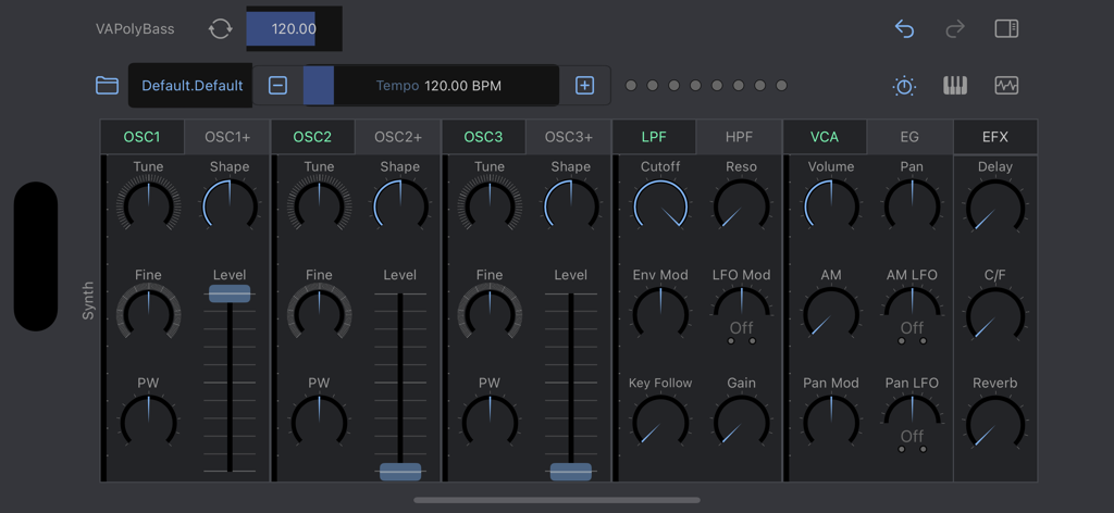 VAPolyBass - Interface of the VAPolyBass synthesizer app showing oscillator and filter control knobs
