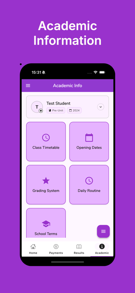 Fountain Day Cares Tz - Tela de informações acadêmicas do aplicativo Fountain Daycare com opções de quadro de horários de aula, rotina diária e sistema de notas.
