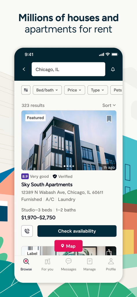 Zumper - Apartment Finder - Aplicación móvil de Zumper que muestra listados de alquiler de apartamentos en Chicago con insignias verificadas y filtros de precios
