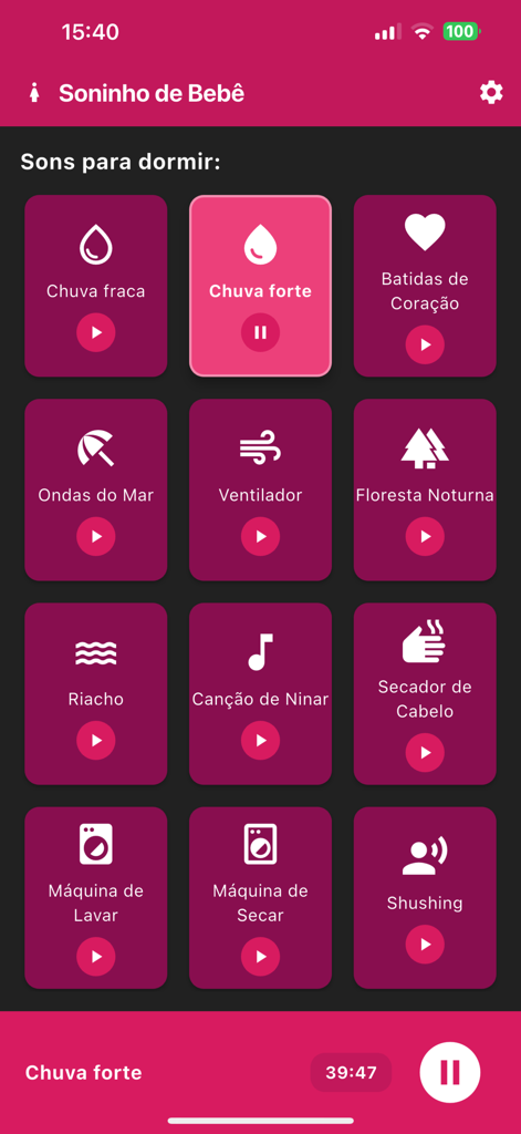 Soninho Bebê - Soninho Bebe app interface showing a grid of sleep sounds for babies in night mode