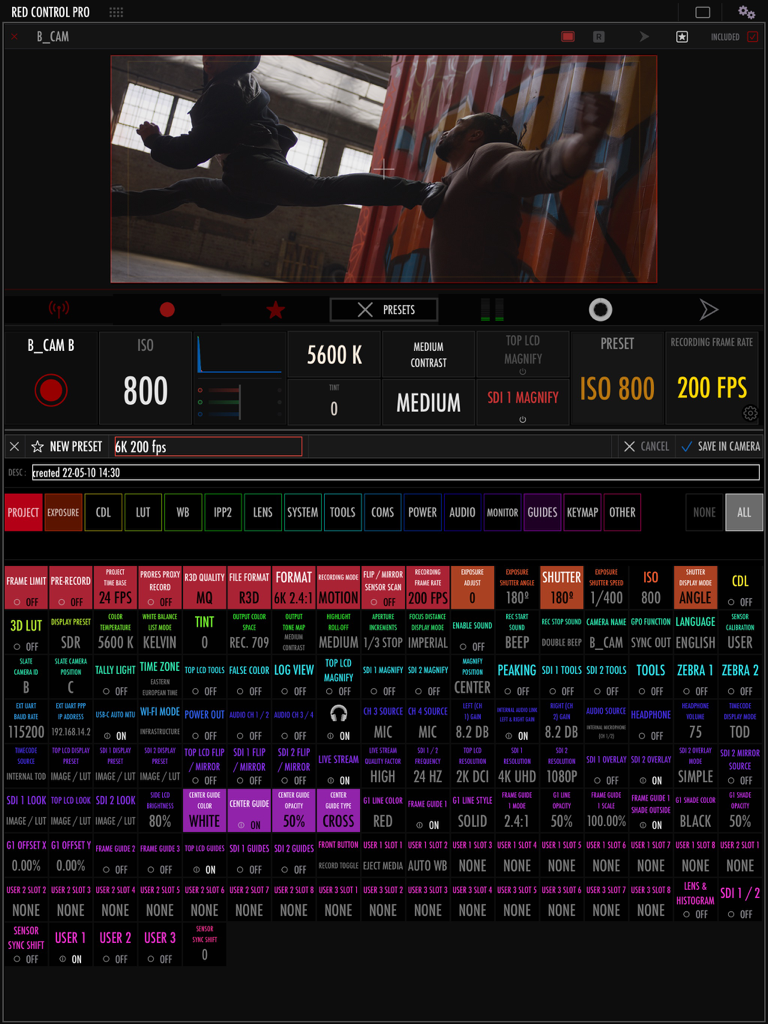 Professional camera control interface of the RED Control Pro app showing live video monitoring and technical cinematography settings