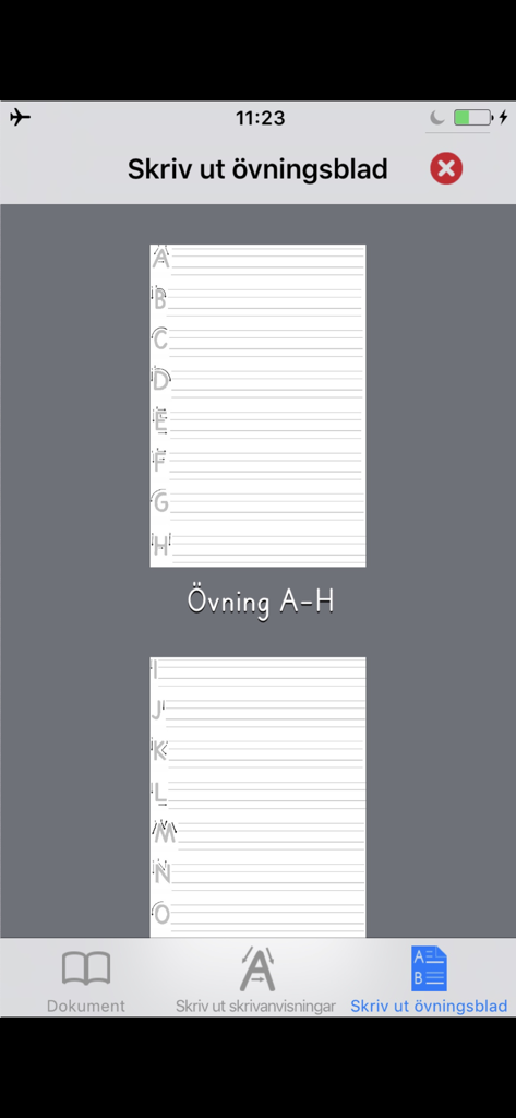 Skolstil 3 - skrivprogram - Interfaz de la aplicación Skolstil 3 que muestra fichas de caligrafía imprimibles con líneas guiadas para las letras de la A a la O.