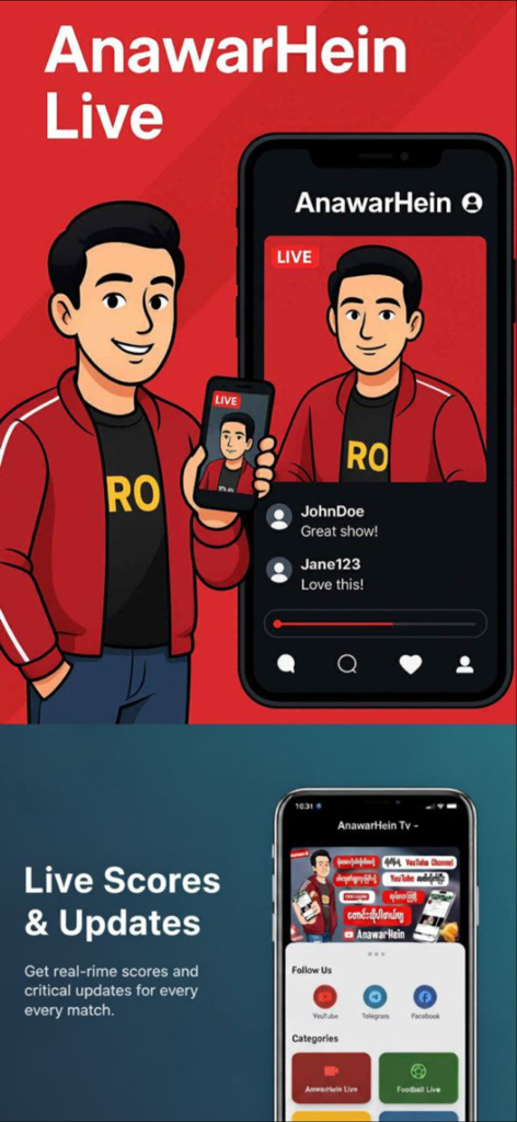 Anawar Hein App - Anawar Hein Live app interface showing live sports scores, match updates, and community engagement features on mobile devices.