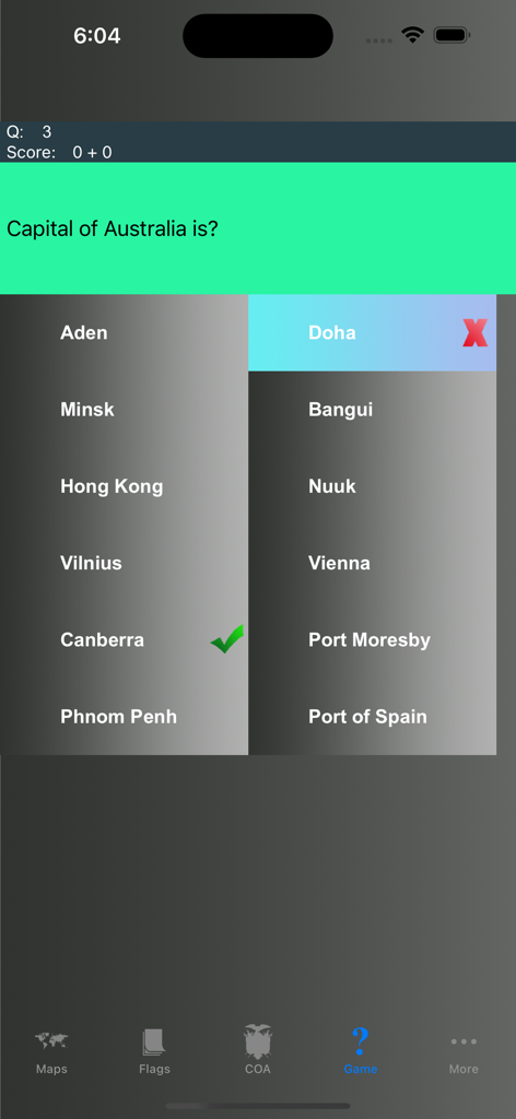 Country Flags, Maps, Capitals - A geography trivia quiz screen asking for the capital of Australia with multiple choice options.