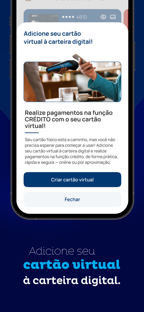 BRBCARD - Mobile screen of the BRBCARD app promoting the use of virtual cards in digital wallets for secure payments.