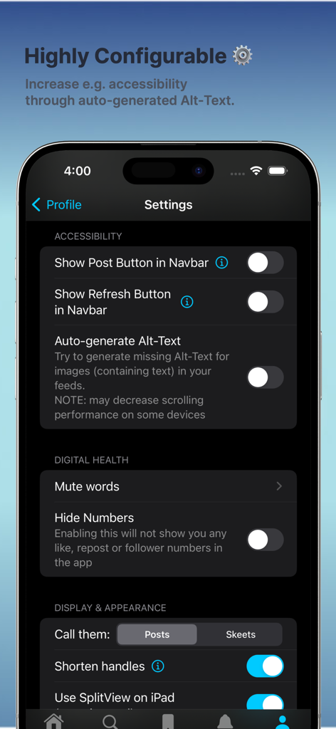 Skeets for Bluesky app settings screen showing highly configurable options for accessibility digital health and display appearance