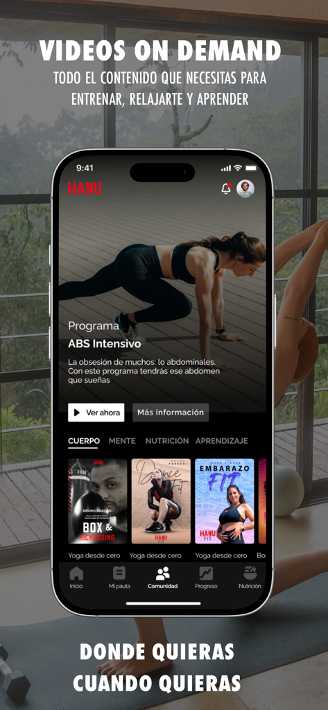 HANU Fit - HANU Fit mobile app interface showing fitness and wellness videos on demand in Spanish