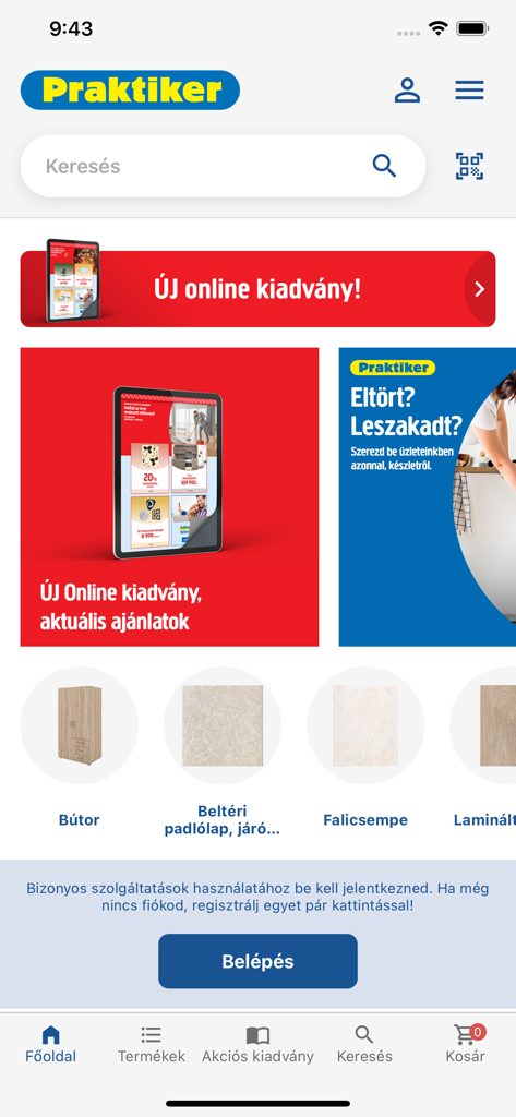 Pantalla de inicio de la aplicación Praktiker Hungría mostrando la barra de búsqueda y categorías de productos para mejoras del hogar